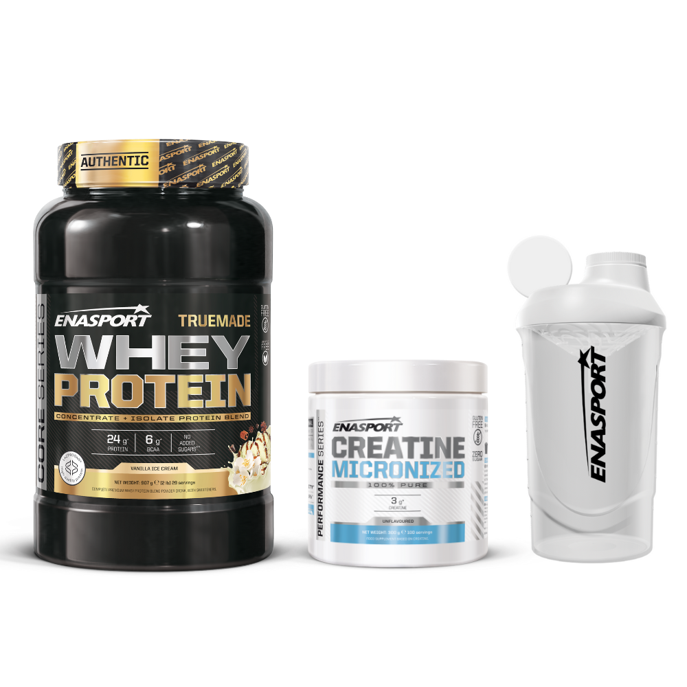 Pack Truemade Whey Protein 2lb + Creatina Monohidrato 300g + Enasport Shaker Wave Blanco 600 MLT