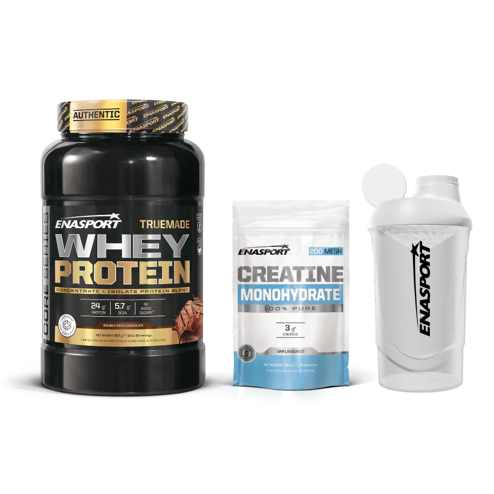 Pack Truemade Whey Protein 2lb + Creatina Monohidrato 300g + Enasport Shaker Wave Blanco 600 MLT