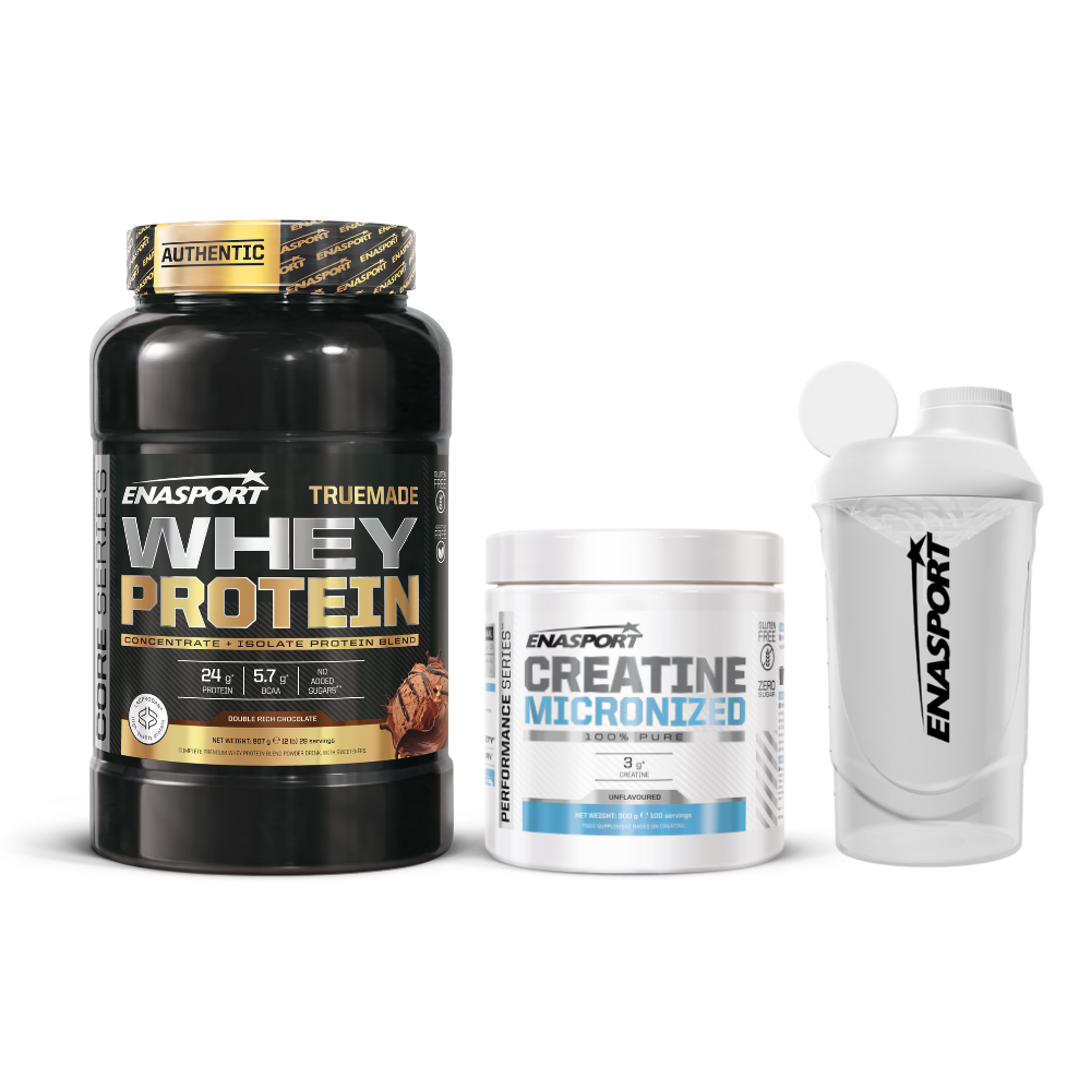 Pack Truemade Whey Protein 2lb + Creatina Monohidrato 300g + Enasport Shaker Wave Blanco 600 MLT